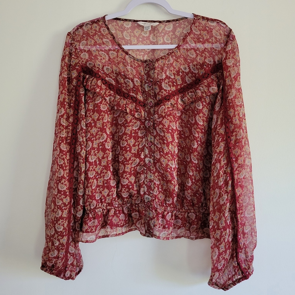 American Eagle Ditsy Floral Sheer Metalic Boho Burgundy‎ Blouse Top XXL